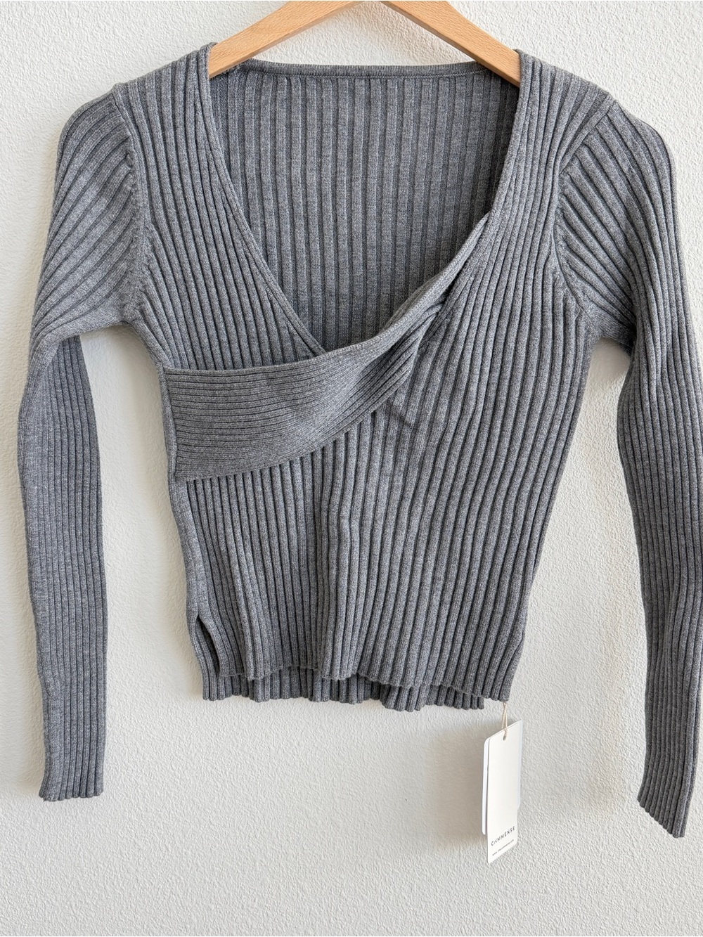 Commense Gray Ribbed Wrap-Front Sweater